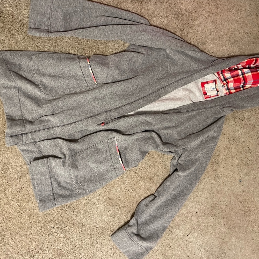 Gray Hooded Cardigan with Plaid Accents